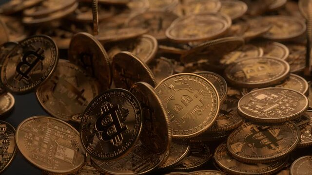 Bitcoin Cash (BCC) coin fall on the black table. Money futuristic network business concept. Digital background. Virtual reality, cyber. Blockchain technology, mining concept. 3d animation of 4K