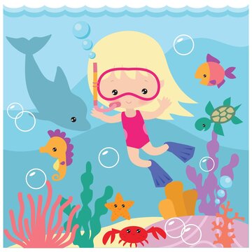 Snorkeling girl vector cartoon illustration