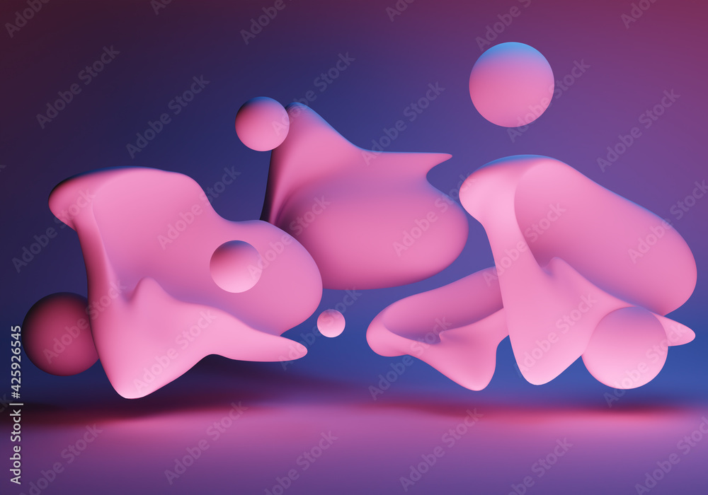 Poster pink three-dimensional objects in zero gravity. 3d abstract shapes. drops in zero gravity. wallpaper