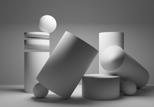 Gray geometric shapes. 3d objects. Volumetric cylinders and spheres. Abstract geometric composition. Background of geometric shapes. White balls and cylinders on the table.