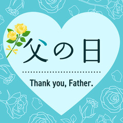 父の日、ハート、カーネーション、線画、バナー、テンプレート、青 / 正方形