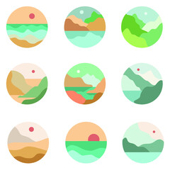 set of beautiful round sunsets over water and in the desert