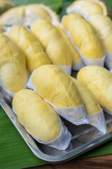 The golden yellow durian is placed on a stainless steel tray with a banana leaf background. Ripe durian, the king of fruits of Thailand