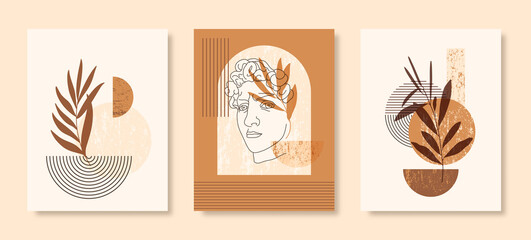 Set of Abstract Boho Illustration with Antique Statue David, Geometric Shapes and Leaves. Vector Contemporary Background © Sini4ka