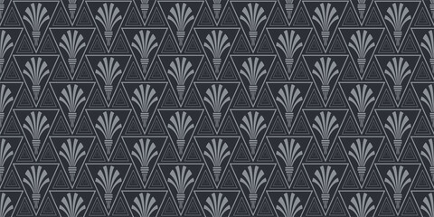 Modern background pattern with geometric and floral ornaments on a black background, wallpaper. Seamless pattern, texture for your design. Vector graphics 
