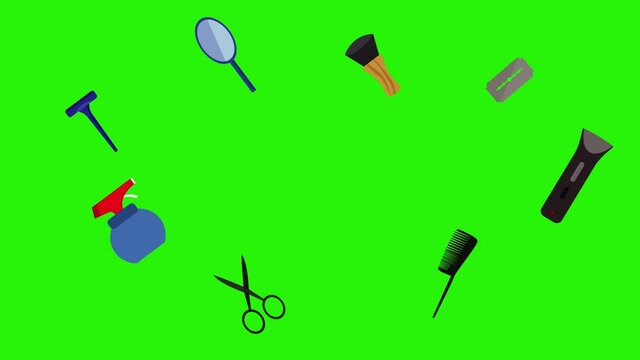 Barber shop tools flat elements animation on green screen chroma key