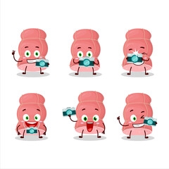 Photographer profession emoticon with boiled sausage cartoon character