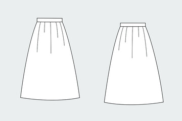 Female skirt vector template isolated on a grey background. Front and back view. Outline fashion technical sketch of clothes model.