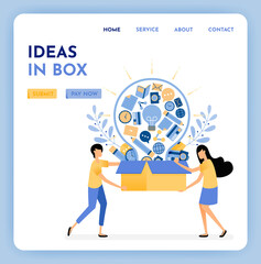 Metaphor ideas out of the box. Find inspiration and ideas for business learning and education. 3d style of box and light bulb. Growing creativity. Illustration for landing page, web, website, poster