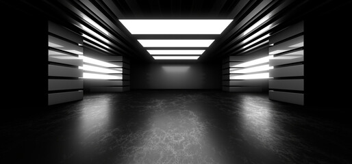 A dark corridor lit by white neon lights. Reflections on the floor and walls. 3d rendering image.