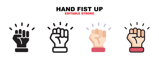 Hand Fist Up icon set with different styles. Icons designed in filled, outline, flat, glyph and line colored. Editable stroke and pixel perfect. Can be used for web, mobile, ui and more.