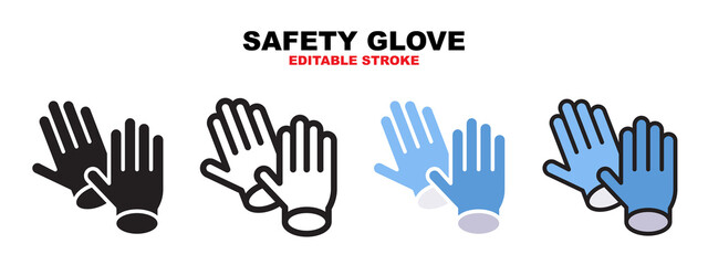 Safety Glove icon set with different styles. Icons designed in filled, outline, flat, glyph and line colored. Editable stroke and pixel perfect. Can be used for web, mobile, ui and more.