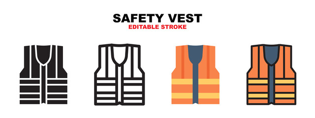 Safety Vest icon set with different styles. Icons designed in filled, outline, flat, glyph and line colored. Editable stroke and pixel perfect. Can be used for web, mobile, ui and more.