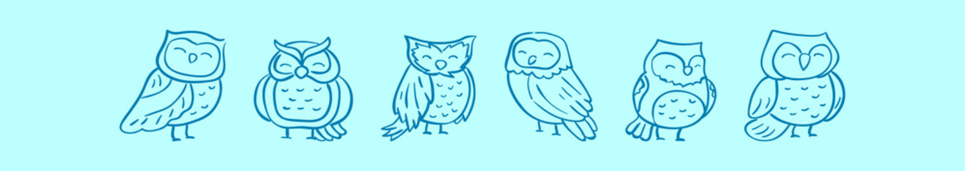 set of owl. cartoon icon design template with various models. vector illustration isolated on blue background