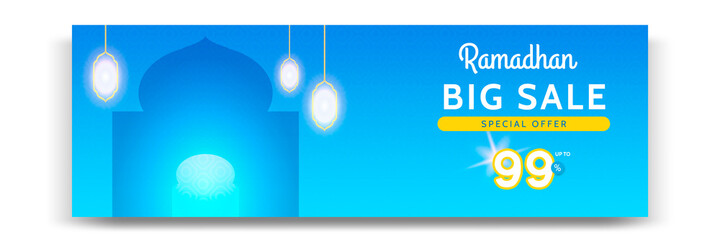 Sale banner Ramadhan or ramadan template in blue yellow white color. Modern minimal gradient layout with mosque design element.