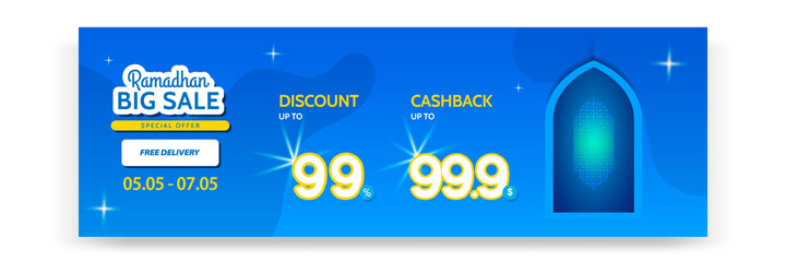 Naklejka premium Sale banner Ramadhan or ramadan template in blue yellow white color. Modern minimal gradient layout with mosque design element.