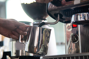 barista prepare coffee machine for make espresso