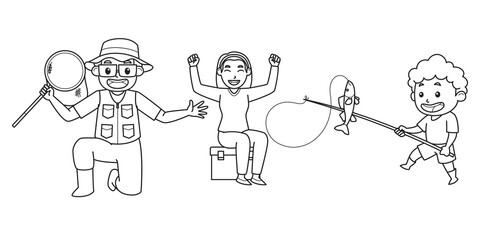 Dad, Mom, and Child Going Camping and Fishing. Character. Black and White Color. Coloring Book Illustration. Vector