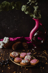 Raspberry & banana smoothie with plant based oat milk and peanut butter cookies