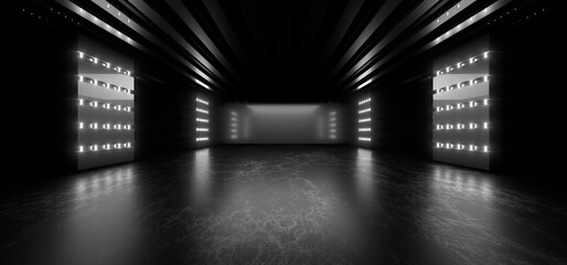 Obraz premium A dark corridor lit by white neon lights. Reflections on the floor and walls. 3d rendering image.