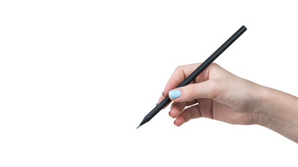 A woman's hand with beautiful makeup holds a pencil isolated on a white background.