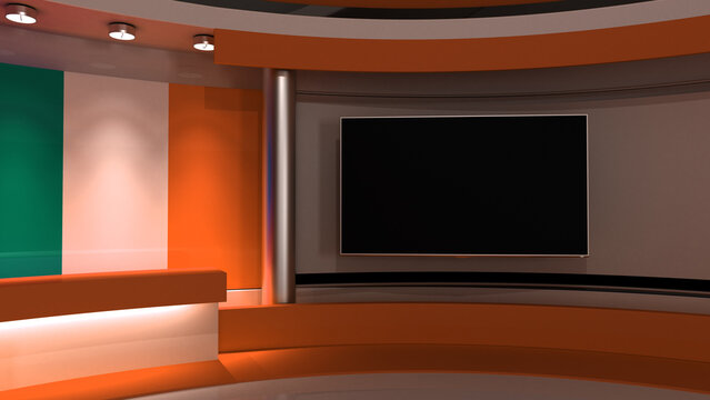 Ireland flag studio. Ireland flag background. TV studio.. News studio. The perfect backdrop for any green screen or chroma key video or photo production. 3d render. 3d