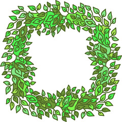 Green leaves pattern. Eco friendly sltyle wreath frame. Vector illustration with copyspace.