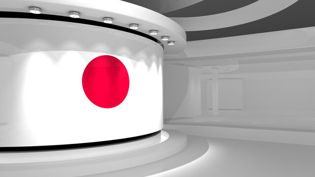 Japan. Japanese flag background. TV studio. News studio. The perfect backdrop for any green screen or chroma key video or photo production. 3d render. 3d