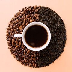 Beige flat lay, cup of coffee, roasted coffee beans and dried tea leaves