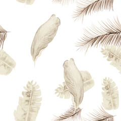 White Tropical Design. Brown Seamless Leaves. Gray Pattern Painting. Decoration Background. Banana Leaves. Isolated Foliage. Spring Foliage. Watercolor Botanical.