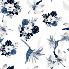 Navy Seamless Textile. Blue Pattern Painting. Azure Tropical Art. Cobalt Spring Nature. Gray Floral Exotic. White Flora Design. Cobalt Isolated Leaf.