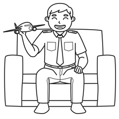 Dad Character Who is a Pilot Holds a Toy Plane While Sitting on the Sofa. Black and White Color. Coloring Book Illustration.