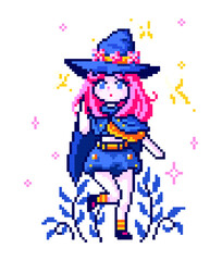 witch pixel art on white background.