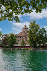 Fototapeta na wymiar National Swiss Historical Museum In Zurich. Limmat river