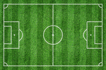 Grass soccer field with white pattern lines. Top view sport background.