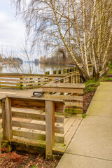 Fort-to-Fort Trail and picnic bench in Fort Langley Marine Park, Vancouver, Canada.