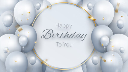 Birthday card background with balloons and gold ribbon. 3d luxury realistic style on white background. Vector illustration creative for design.