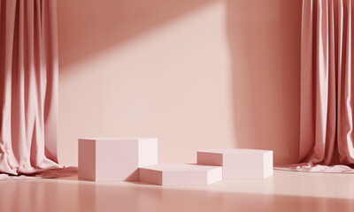 Product display podium stand with curtain on pink background. 3D rendering