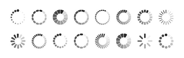 Set of round loading icons. Progress load icons for UI design. Vector interface elements.