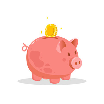 Piggy bank with falling coins. Save money concept. Investments in future. Financial symbol. Banking or business services. Vector illustration in flat cartoon style.