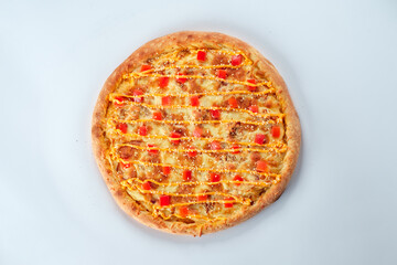 Pizza isolated on white background. Top view. Italian food concept. Appetizing pizza.