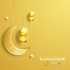 Ramadan Kareem with 3d paper cut islamic lanterns, stars and moon on gold background. Vector illustration. Place for text