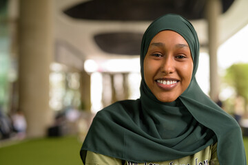 Portrait of beautiful black African Muslim woman smiling outdoors