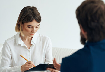 Obraz premium job resume woman and man suit documents communication people