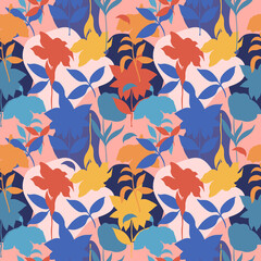 Abstract seamless pattern with colorful silhouette leaves and flowers Background