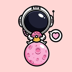 cartoon cute astronaut vector design sitting on the planet holding a donut