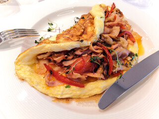 fried omelet with bacon and vegetables on a plate