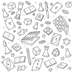 Hand drawn set of board game element, cards, chess, hourglass, chips, dice, dominoes. Doodle sketch style. Isolated vector illustration for board game shop, store, game competition. © Polina Tomtosova