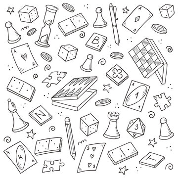 Hand Drawn Set Of Board Game Element, Cards, Chess, Hourglass, Chips, Dice, Dominoes. Doodle Sketch Style. Isolated Vector Illustration For Board Game Shop, Store, Game Competition.