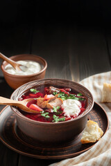 Freshly cooked borscht - traditional dish of Russian and Ukrainian cuisine in earthenware dish with bacon, sour cream and garlic, vertical image
